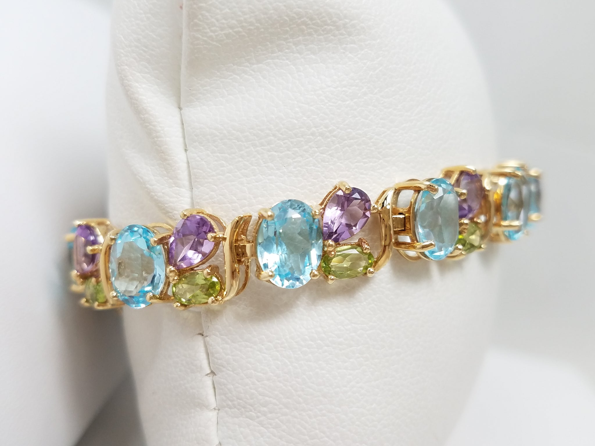 Unique 7.25" 14k Yellow Gold Natural Blue Topaz Amethyst Peridot Custom Bracelet