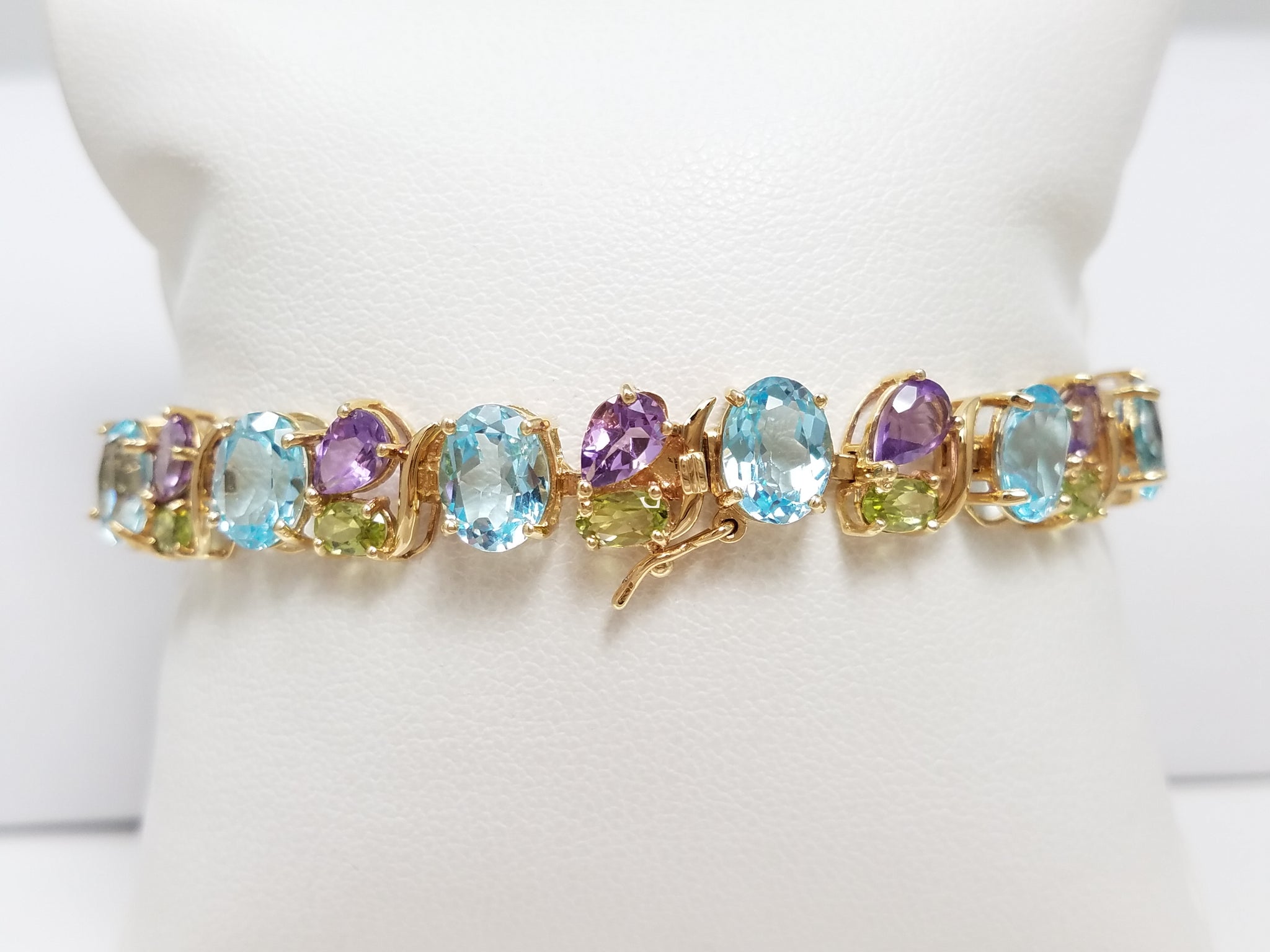 Unique 7.25" 14k Yellow Gold Natural Blue Topaz Amethyst Peridot Custom Bracelet