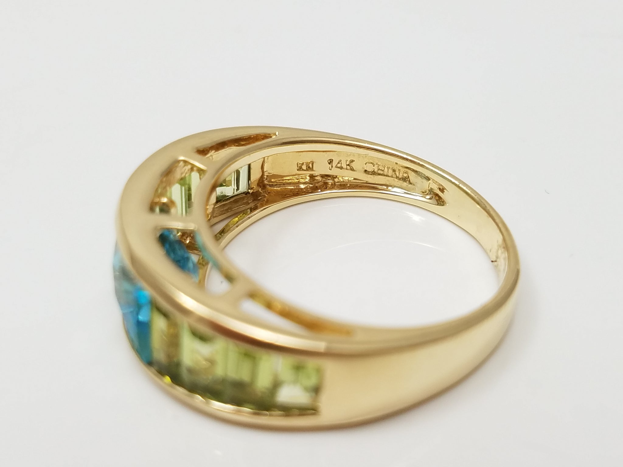 Glowing Natural Blue Topaz + Peridot 14k Yellow Gold Ring