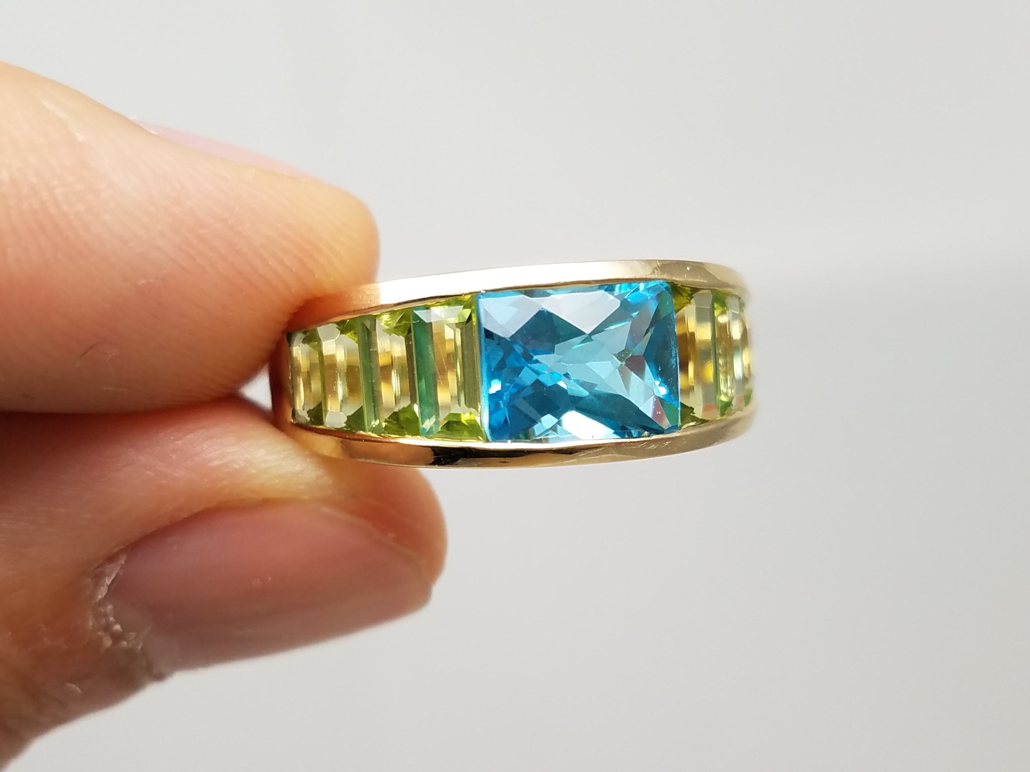 Glowing Natural Blue Topaz + Peridot 14k Yellow Gold Ring