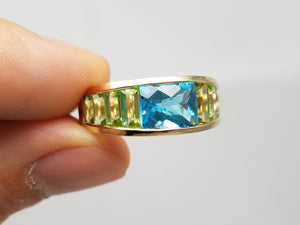 Glowing Natural Blue Topaz + Peridot 14k Yellow Gold Ring