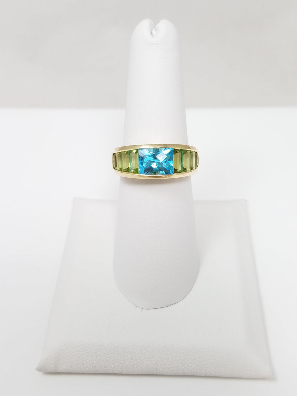 Glowing Natural Blue Topaz + Peridot 14k Yellow Gold Ring