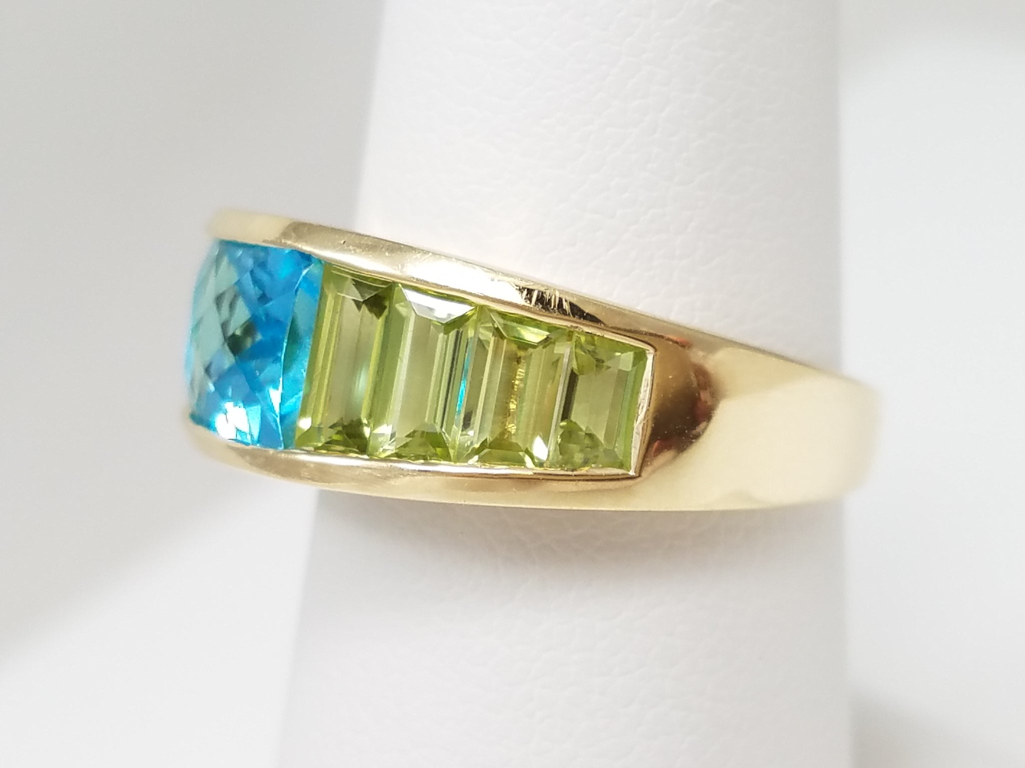 Glowing Natural Blue Topaz + Peridot 14k Yellow Gold Ring