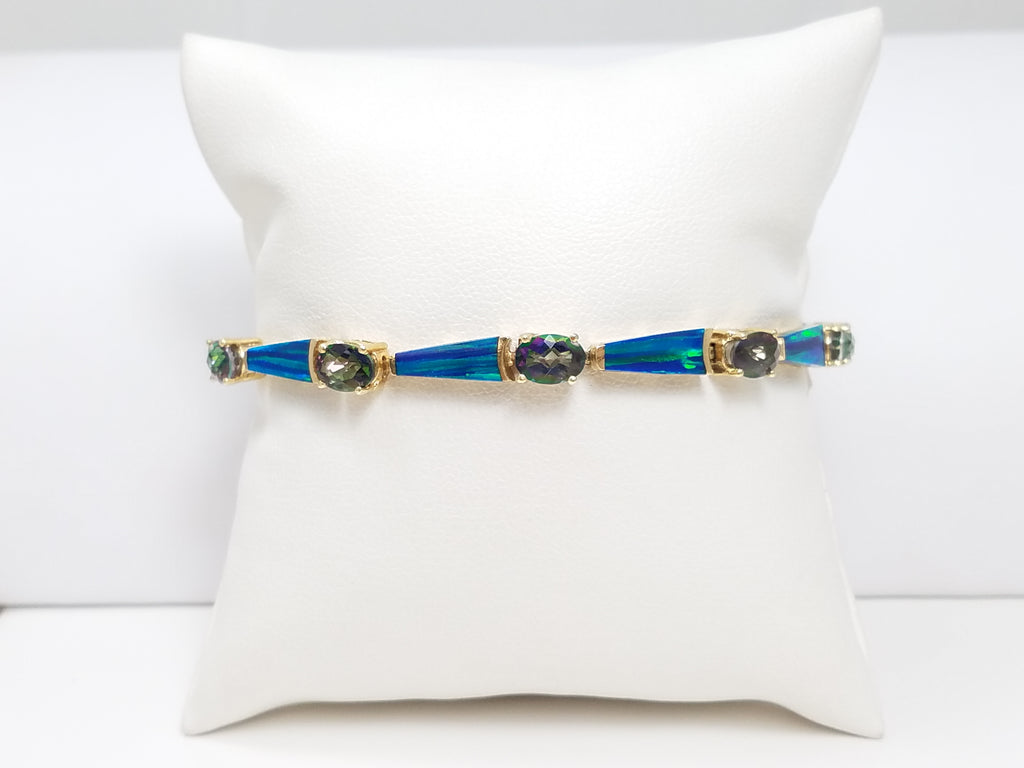 Colorful 7" 14k Yellow Gold Natural Mystic Topaz Lab Created Opal Bracelet