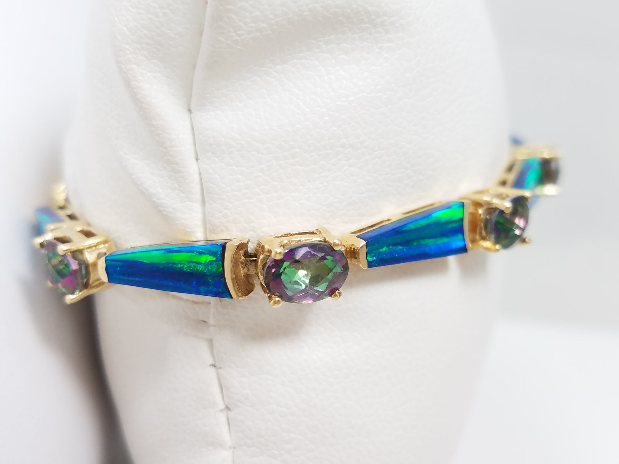 Colorful 7" 14k Yellow Gold Natural Mystic Topaz Lab Created Opal Bracelet