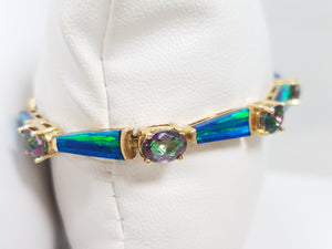 Colorful 7" 14k Yellow Gold Natural Mystic Topaz Lab Created Opal Bracelet
