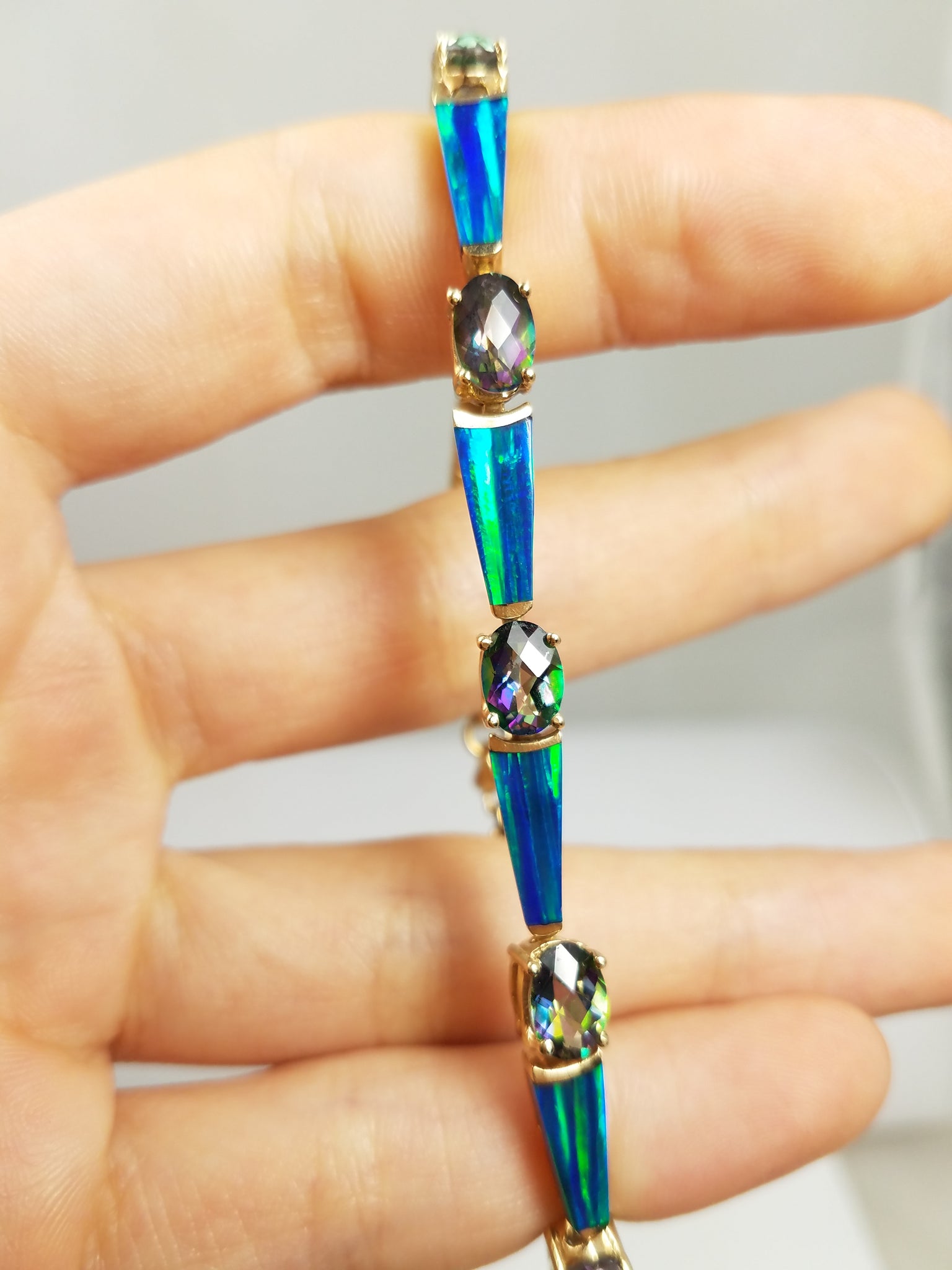 Colorful 7" 14k Yellow Gold Natural Mystic Topaz Lab Created Opal Bracelet