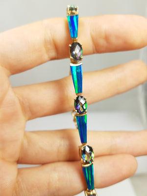 Colorful 7" 14k Yellow Gold Natural Mystic Topaz Lab Created Opal Bracelet
