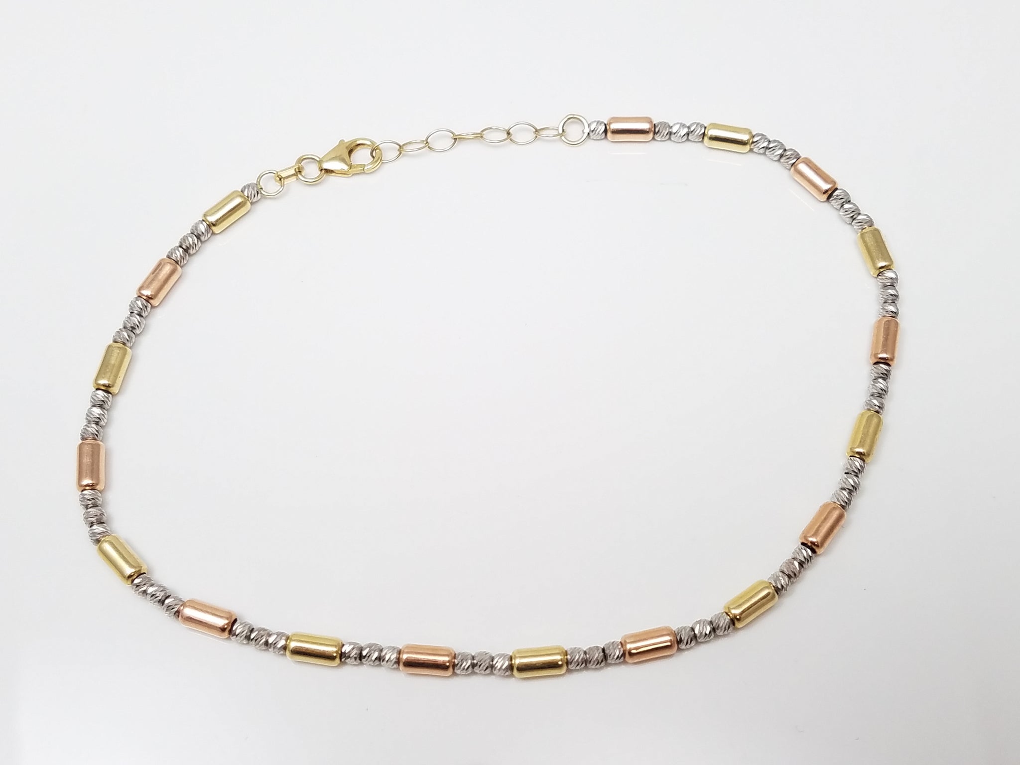 Fashionable 9"-10" Adjustable 10k Tri Color Gold Tubular Anklet
