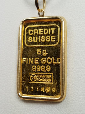 Cool 24k Yellow Gold 5 Gram Ingot With 14k Yellow Gold Pendant Mount