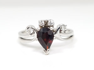 14k White Gold Natural Garnet + Diamond Ring