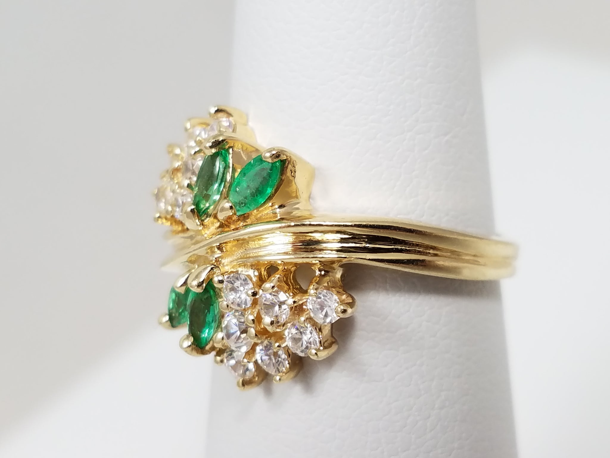 Glamorous 14k Yellow Gold Natural Emerald Cubic Zirconia Ring