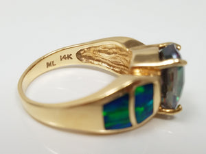 Extravagant 14k Yellow Gold Natural Mystic Topaz Lab Created Opal Ring