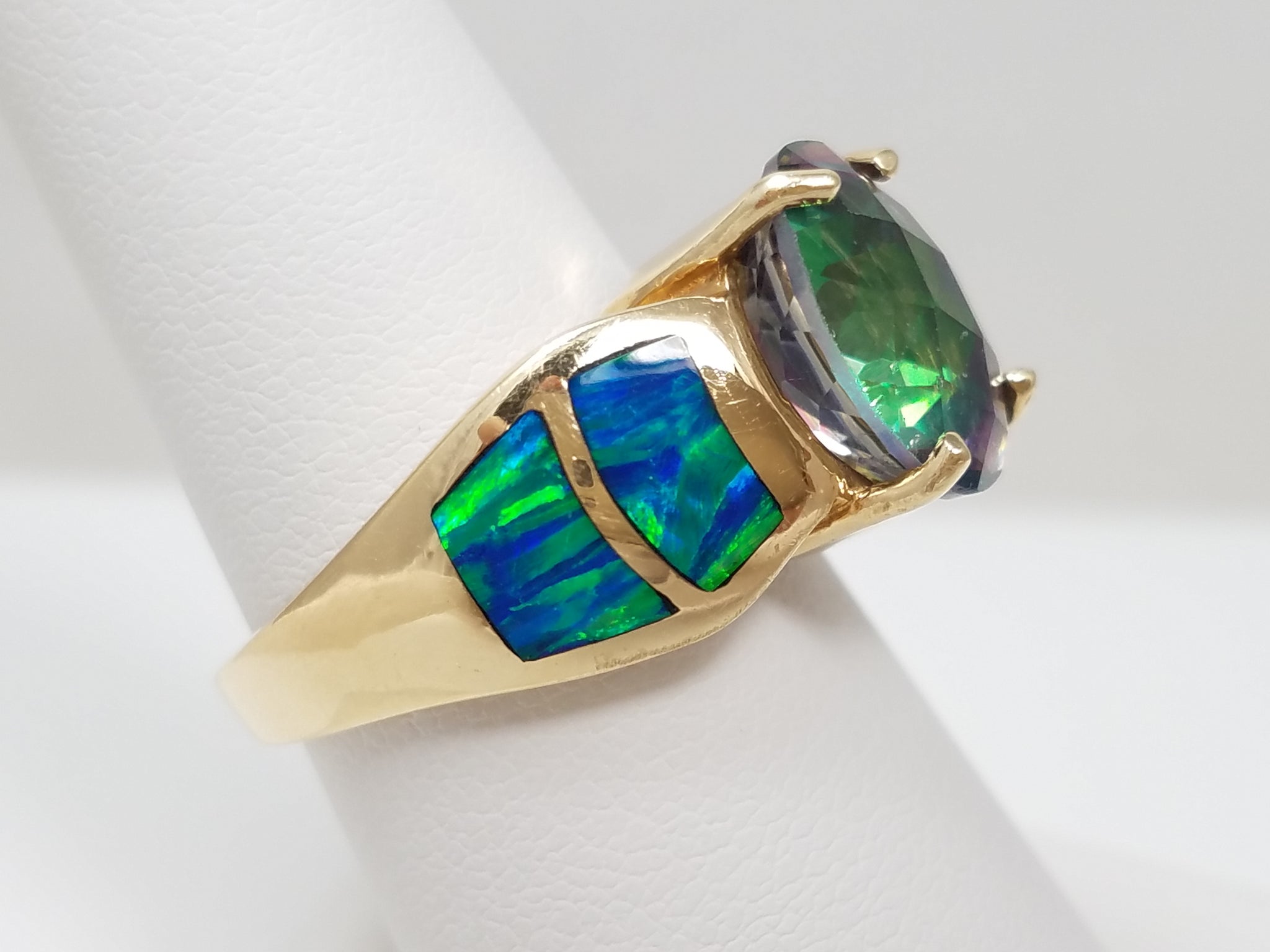 Extravagant 14k Yellow Gold Natural Mystic Topaz Lab Created Opal Ring