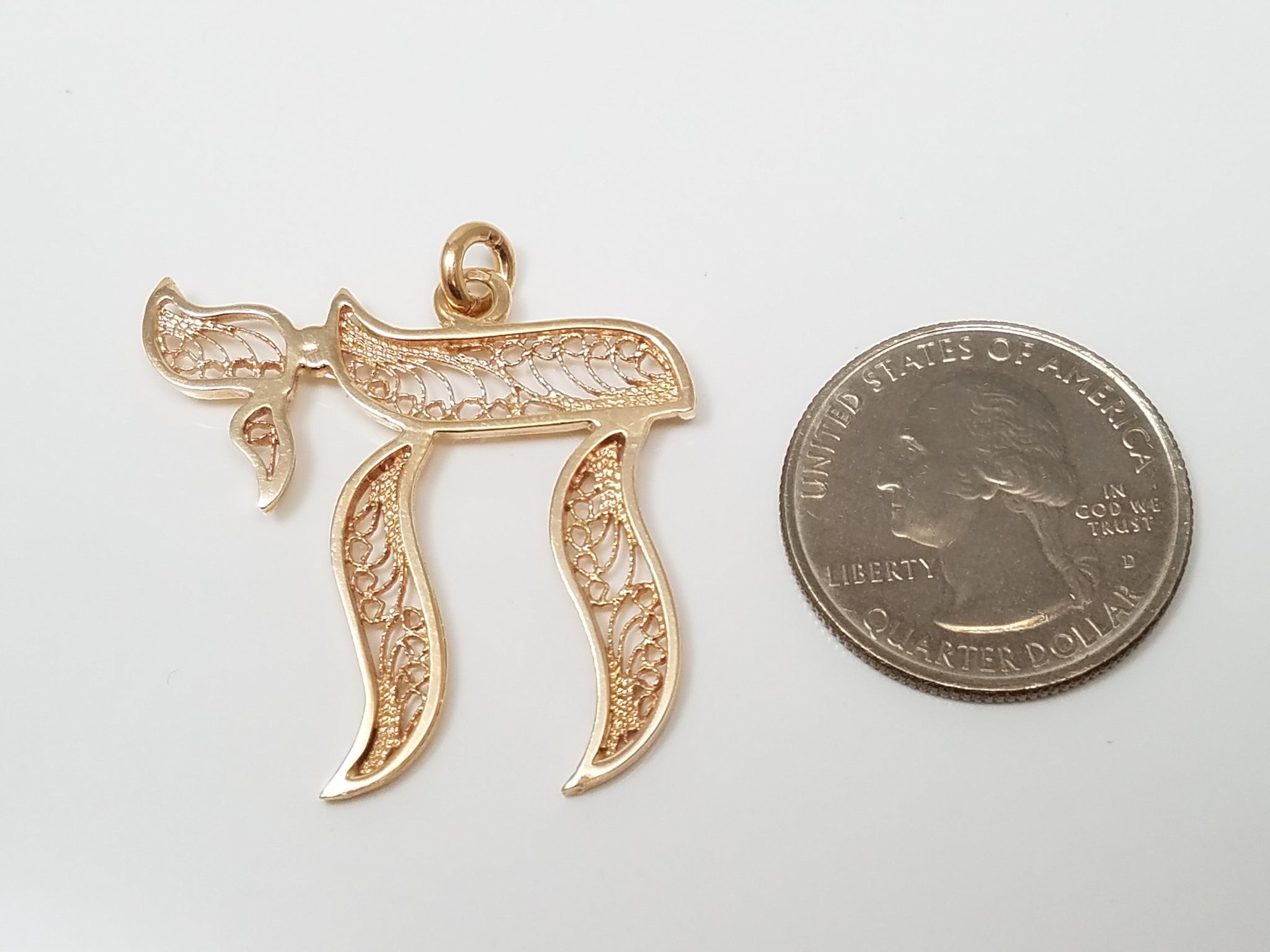 Large 14k Yellow Gold Filigree Chai Pendant