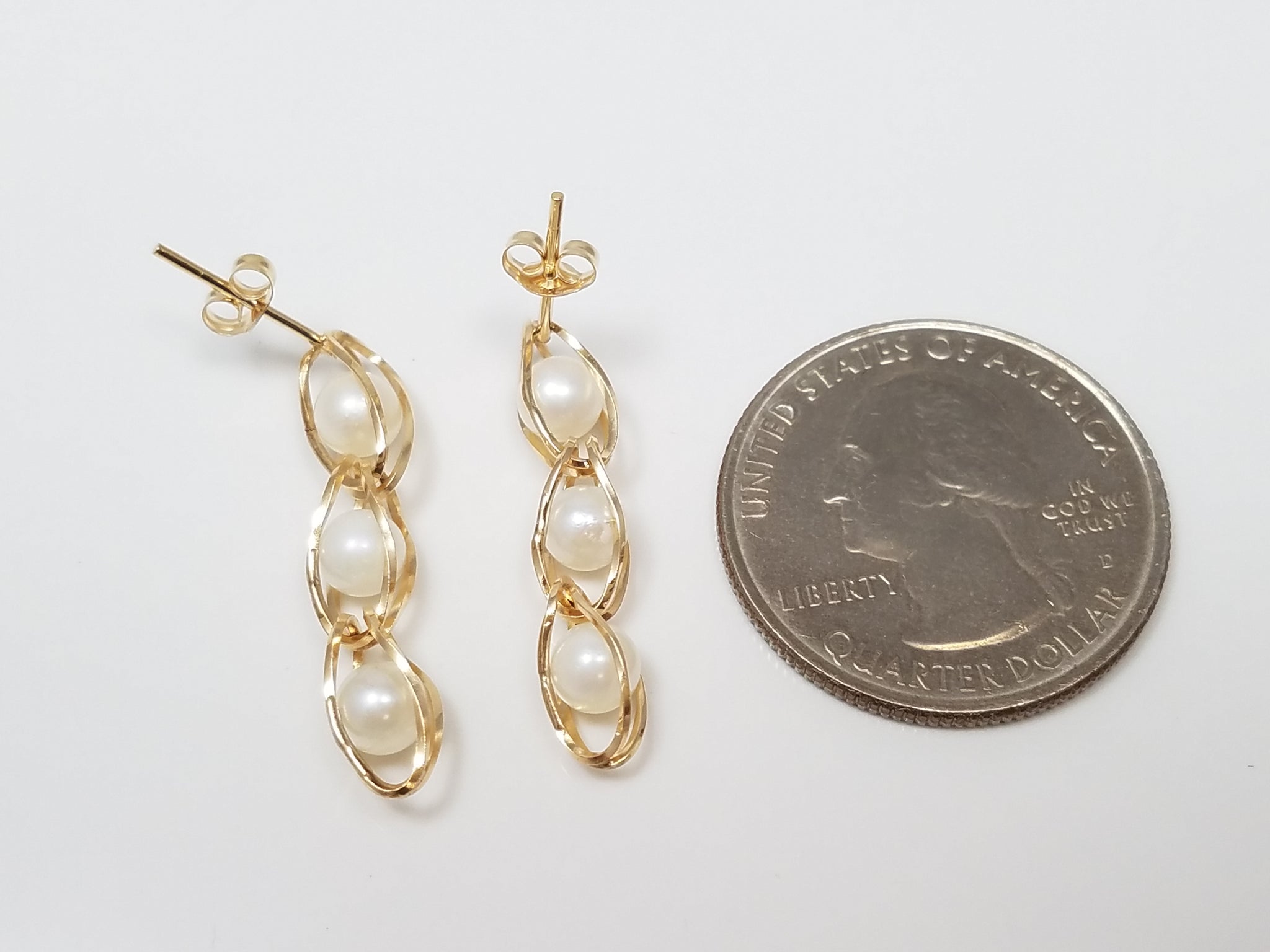 14k Yellow Gold Dangling Pearl Earrings
