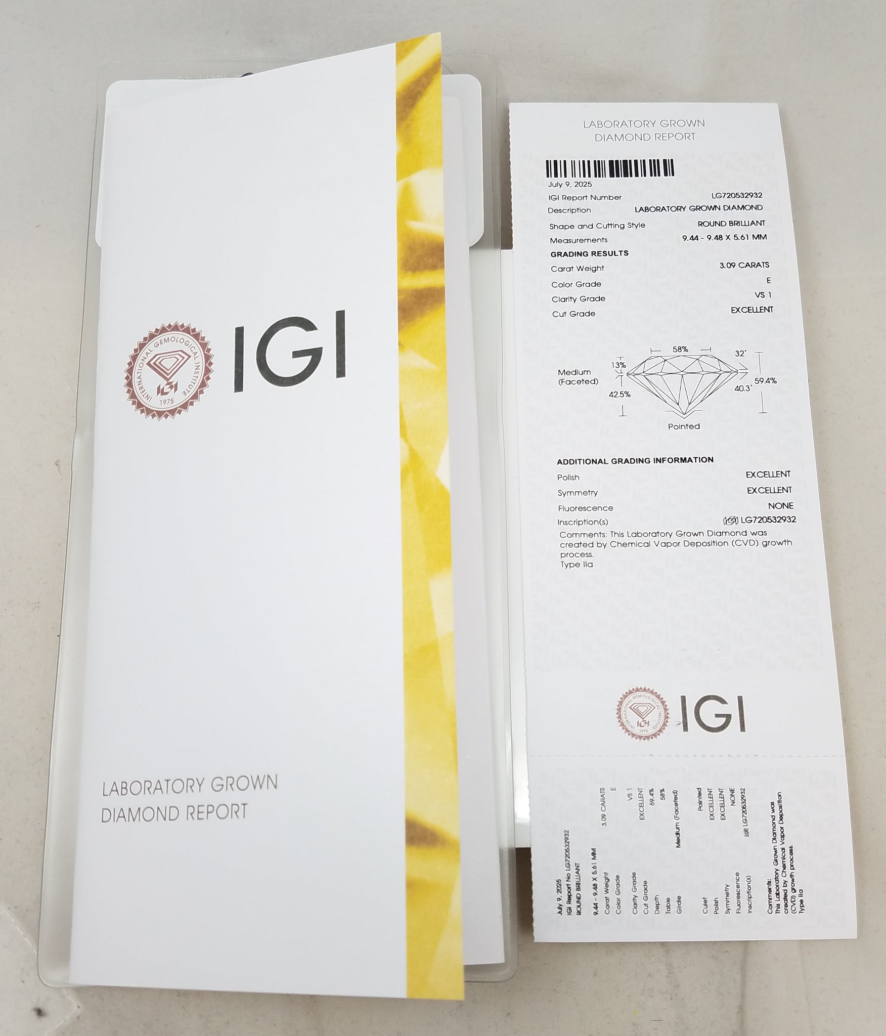 NEW IGI Certified 3.09ct Round Brilliant Lab Grown Diamond VS1 E