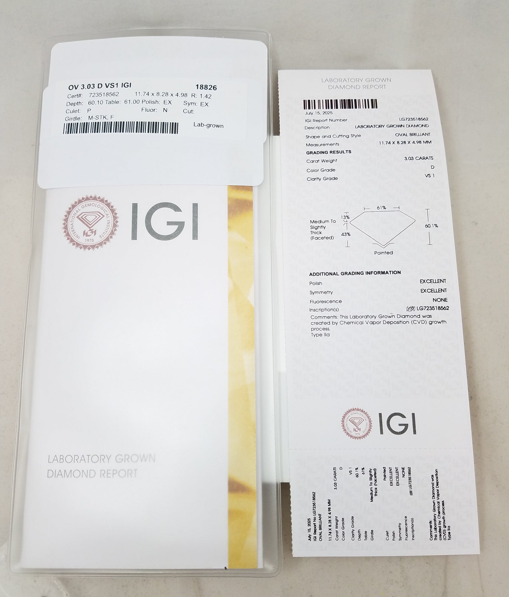 NEW IGI Certified 3.03ct Oval Brilliant Lab Grown Diamond VS1 D