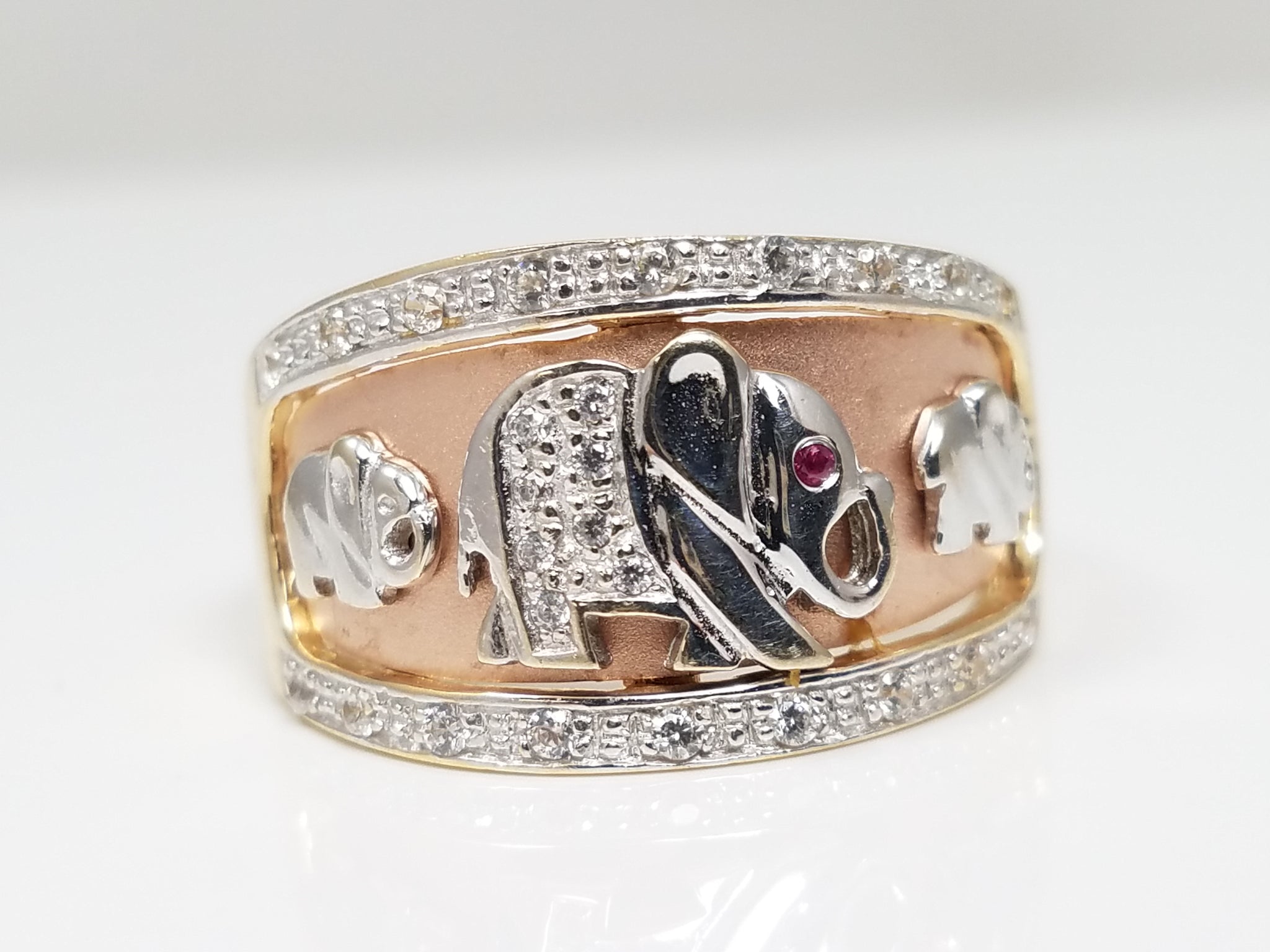 Good Luck Elephant 14k Tricolor Gold Cubic Zirconia Ring