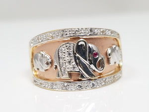 Good Luck Elephant 14k Tricolor Gold Cubic Zirconia Ring