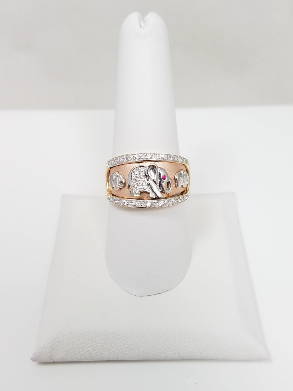 Good Luck Elephant 14k Tricolor Gold Cubic Zirconia Ring