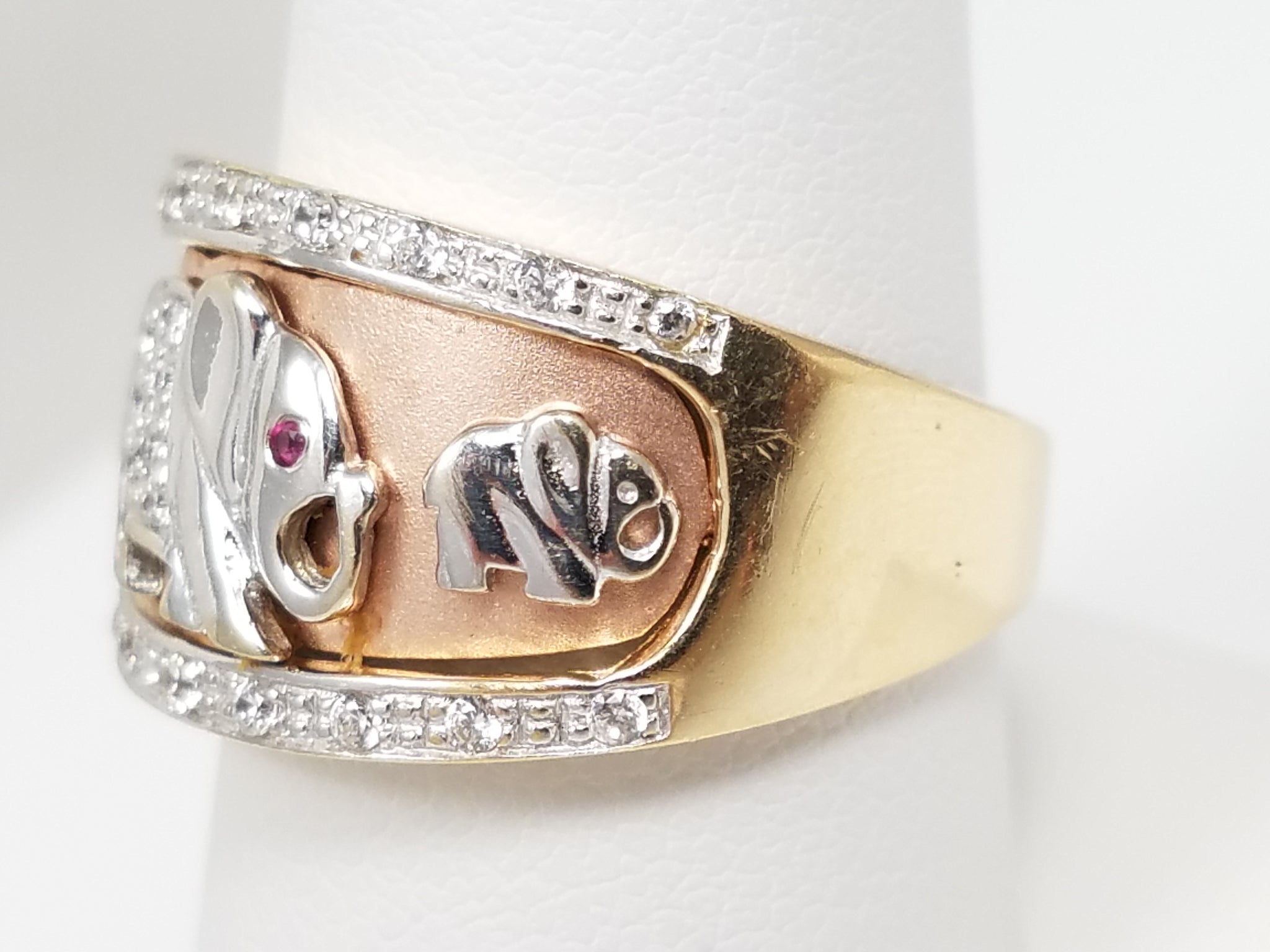 Good Luck Elephant 14k Tricolor Gold Cubic Zirconia Ring
