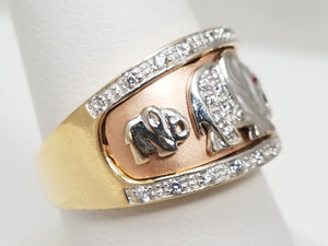 Good Luck Elephant 14k Tricolor Gold Cubic Zirconia Ring