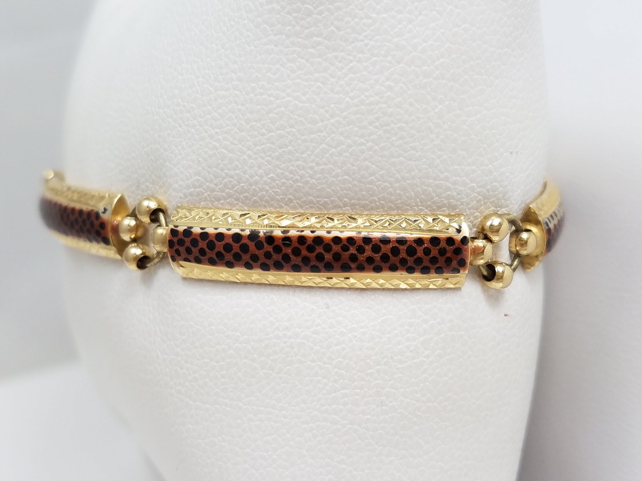 Enchanting 7.25" 14k Yellow Gold Hollow Leopard Print Enamel Bracelet