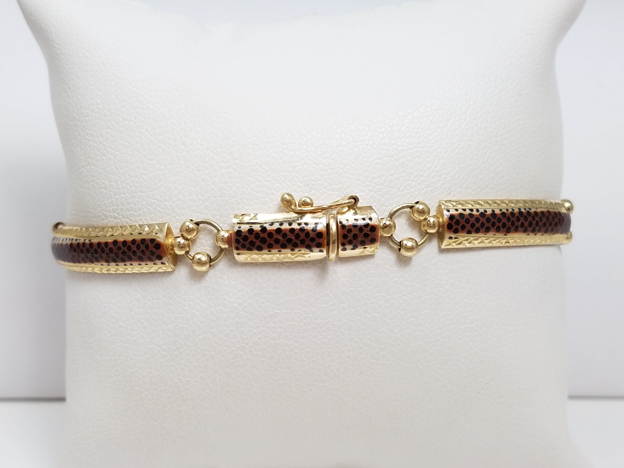 Enchanting 7.25" 14k Yellow Gold Hollow Leopard Print Enamel Bracelet