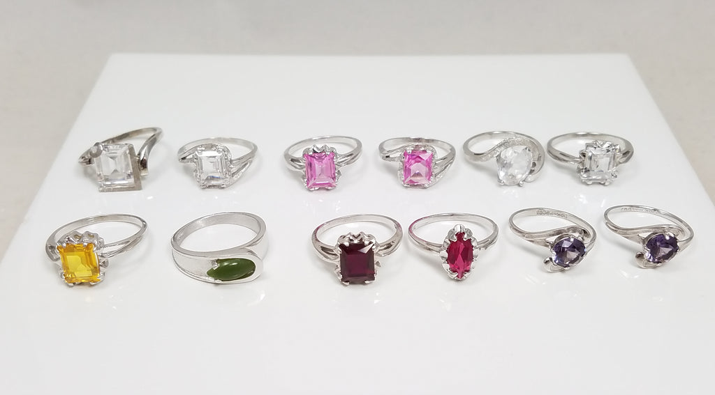 12 New Old Stock 1960-1970's Synthetic Gemstone 10k White Gold Ring Lot