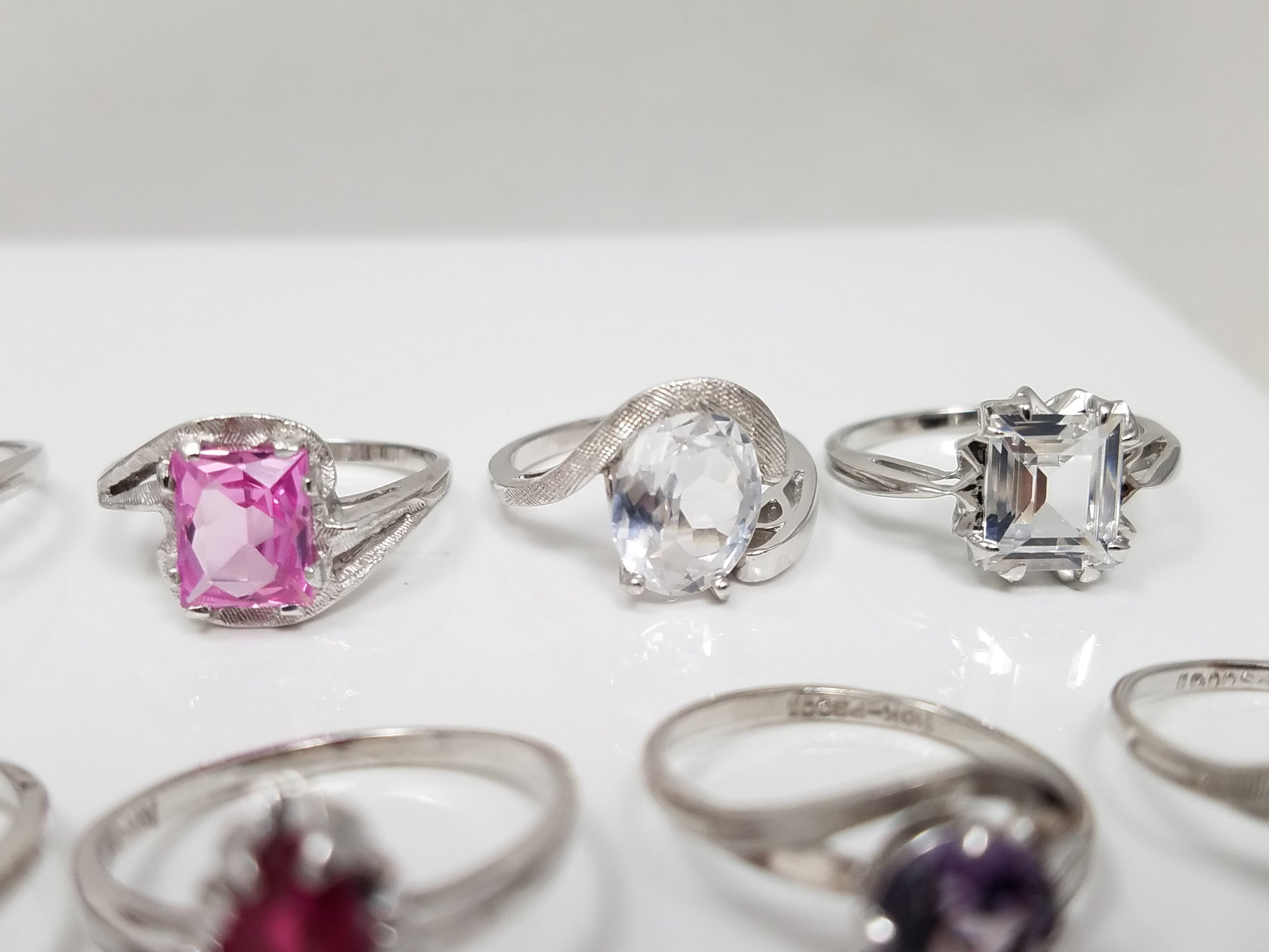12 New Old Stock 1960-1970's Synthetic Gemstone 10k White Gold Ring Lot