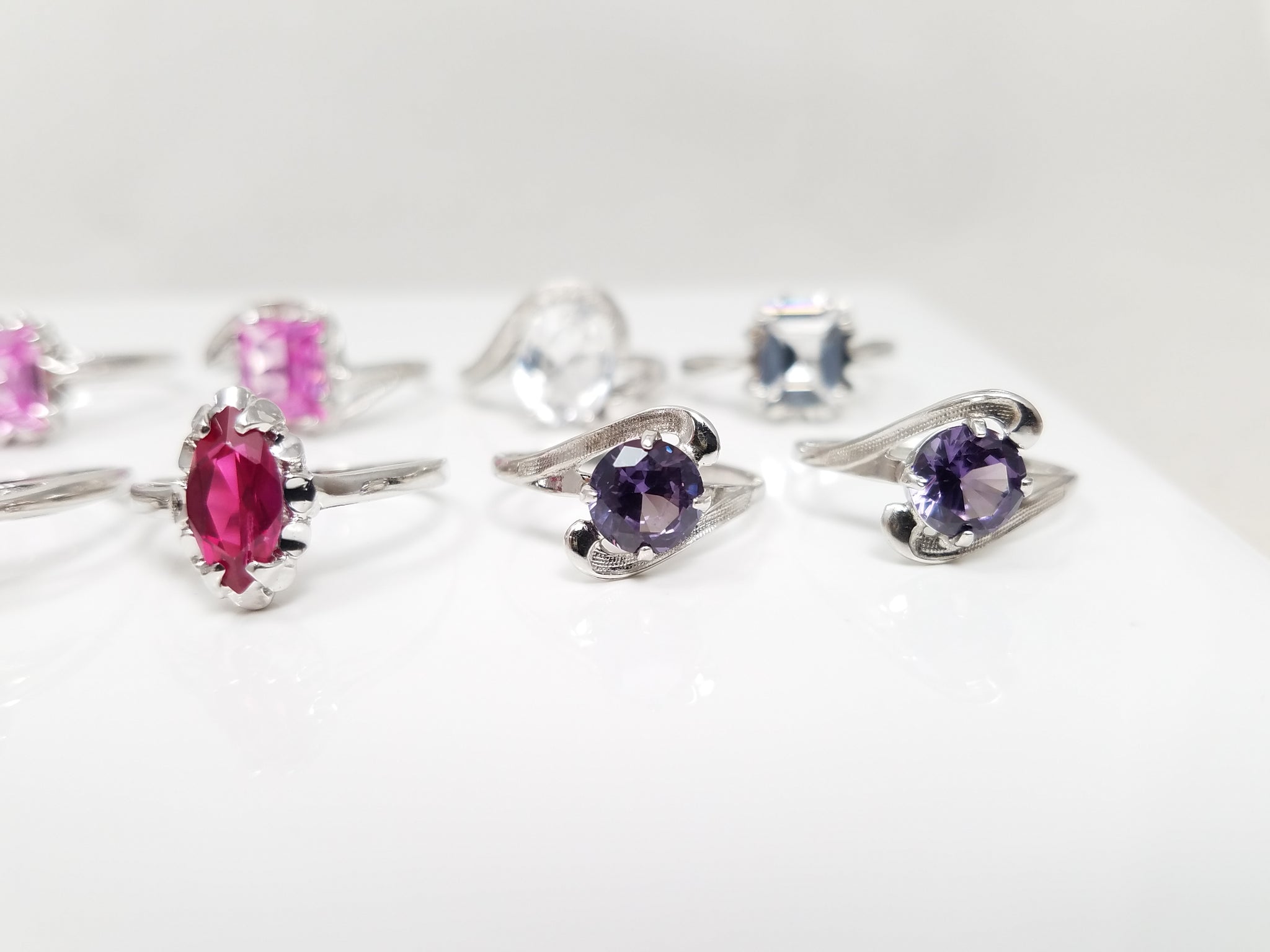 12 New Old Stock 1960-1970's Synthetic Gemstone 10k White Gold Ring Lot