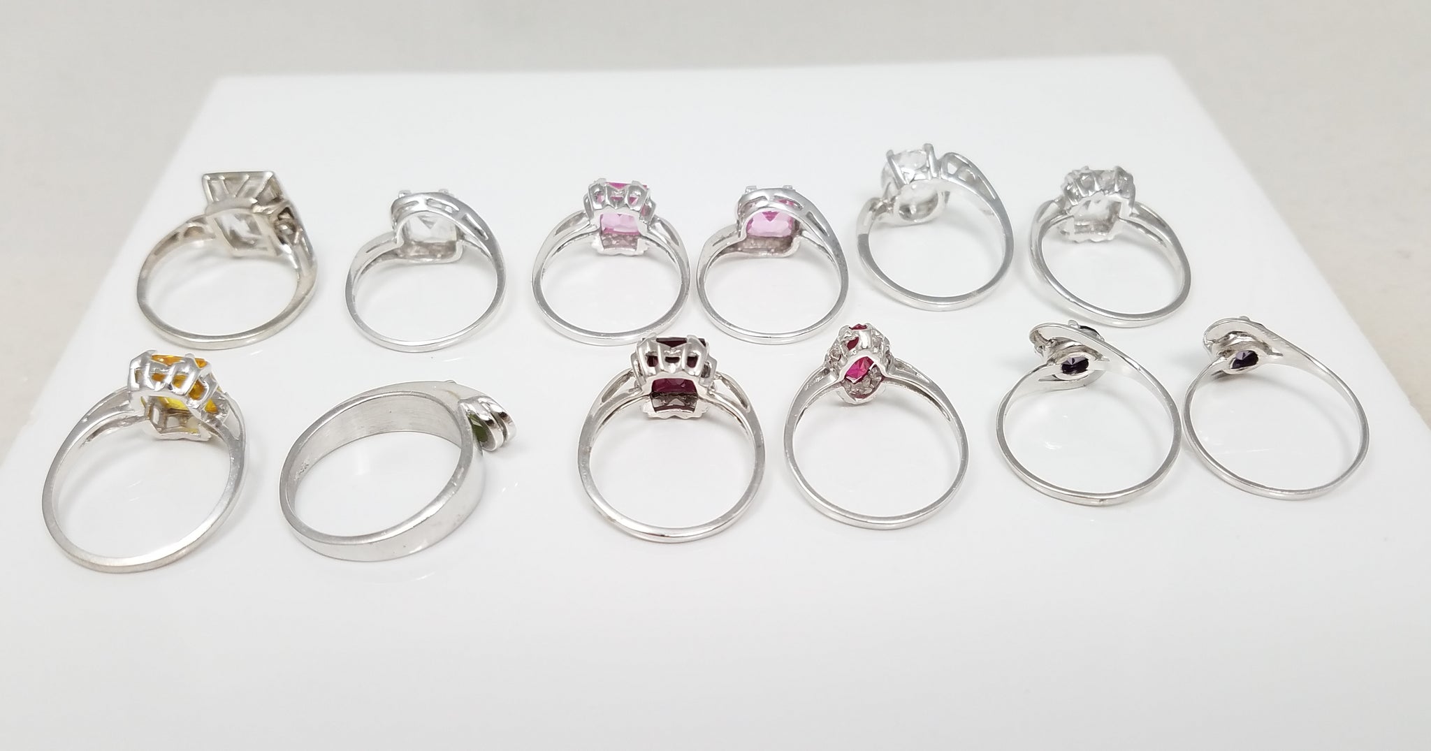12 New Old Stock 1960-1970's Synthetic Gemstone 10k White Gold Ring Lot