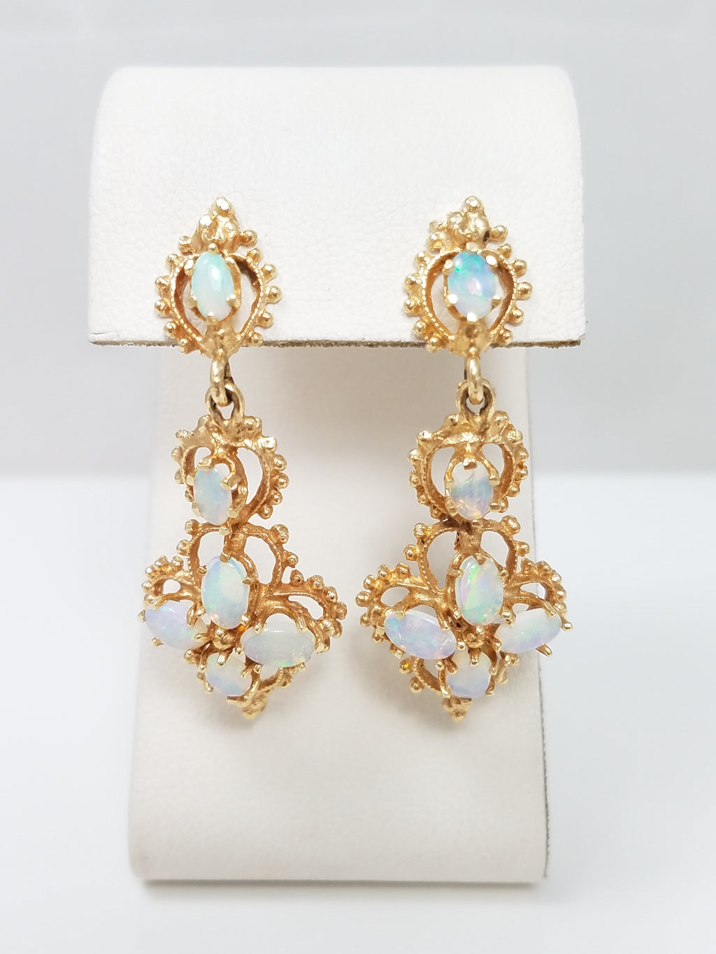 Elaborate Vintage 12k Yellow Gold Natural Australian Opal Dangle Earrings