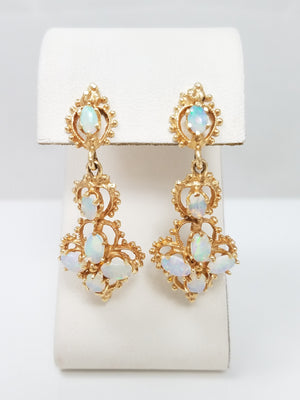 Elaborate Vintage 12k Yellow Gold Natural Australian Opal Dangle Earrings