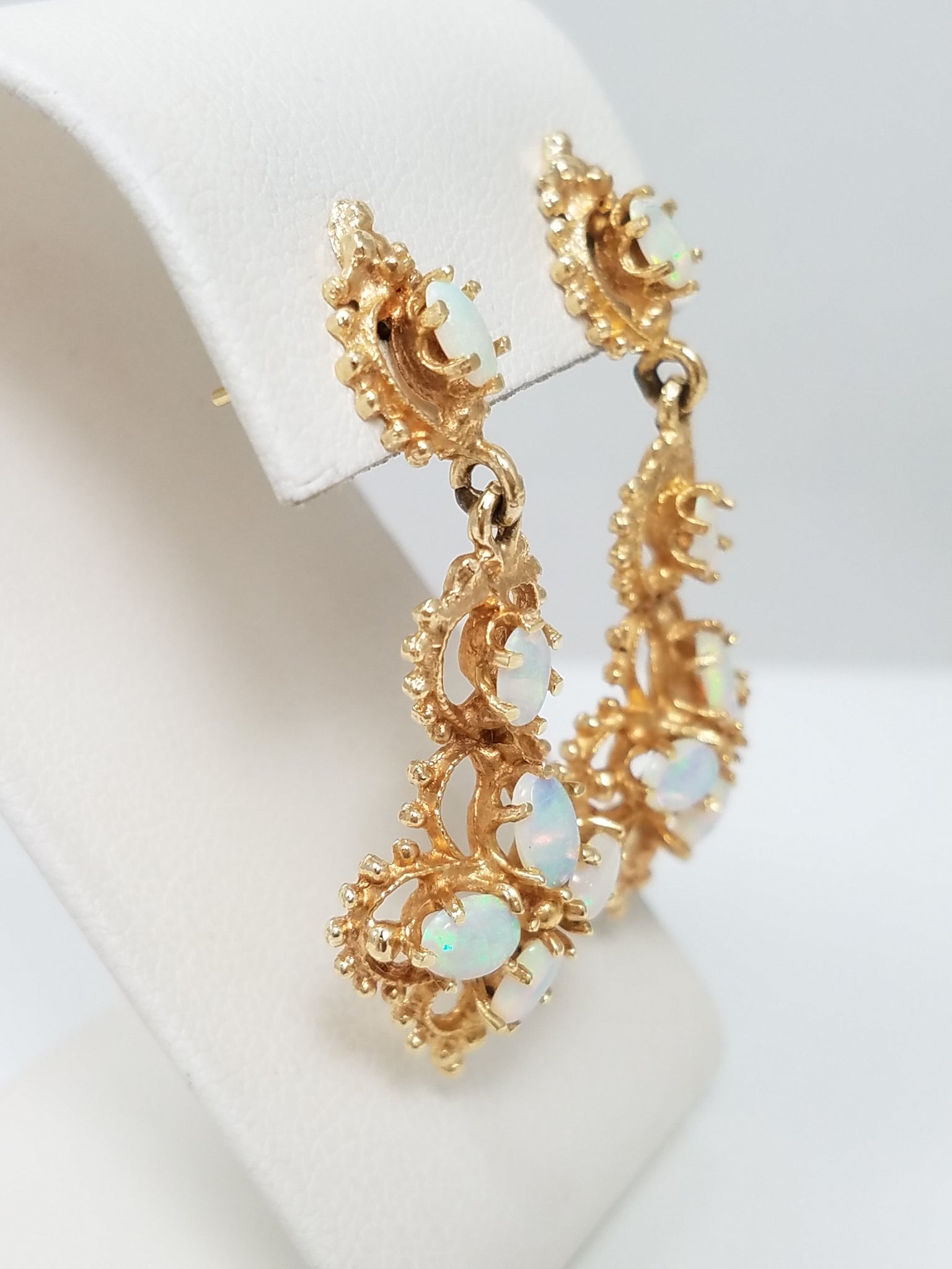 Elaborate Vintage 12k Yellow Gold Natural Australian Opal Dangle Earrings