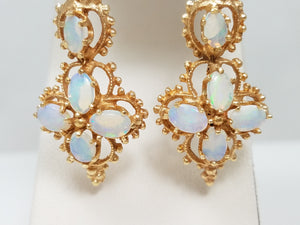 Elaborate Vintage 12k Yellow Gold Natural Australian Opal Dangle Earrings