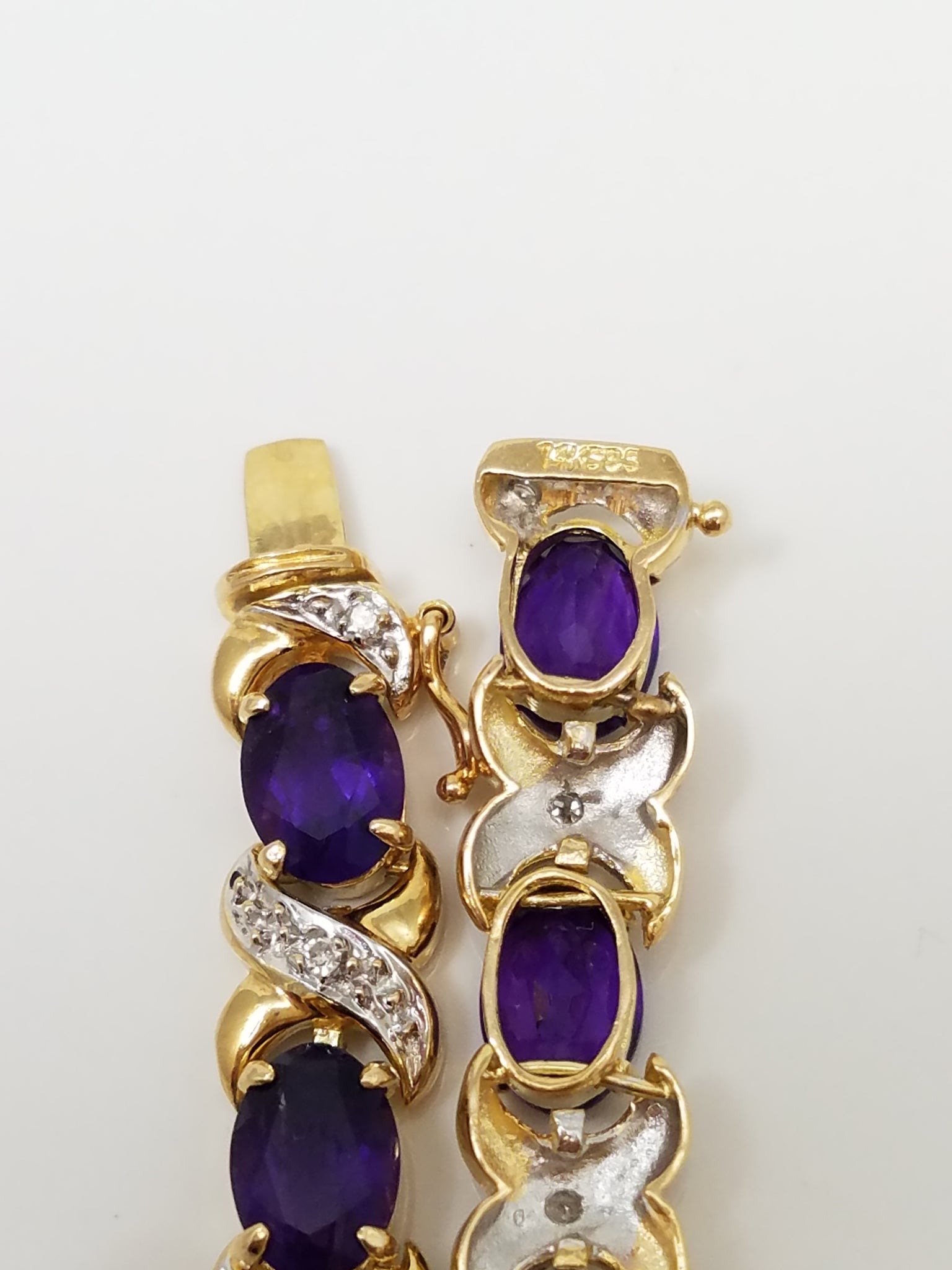 Gleaming 6.75" 14k Yellow Gold Natural Amethyst Diamond Tennis Bracelet