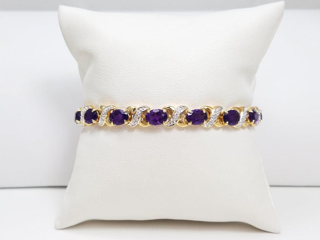 Gleaming 6.75" 14k Yellow Gold Natural Amethyst Diamond Tennis Bracelet