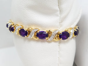 Gleaming 6.75" 14k Yellow Gold Natural Amethyst Diamond Tennis Bracelet