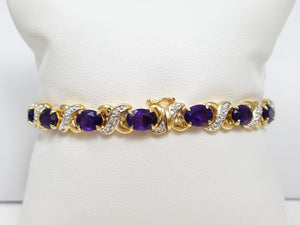 Gleaming 6.75" 14k Yellow Gold Natural Amethyst Diamond Tennis Bracelet