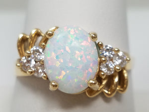 10k Yellow Gold Lab Opal Cubic Zirconia Ring