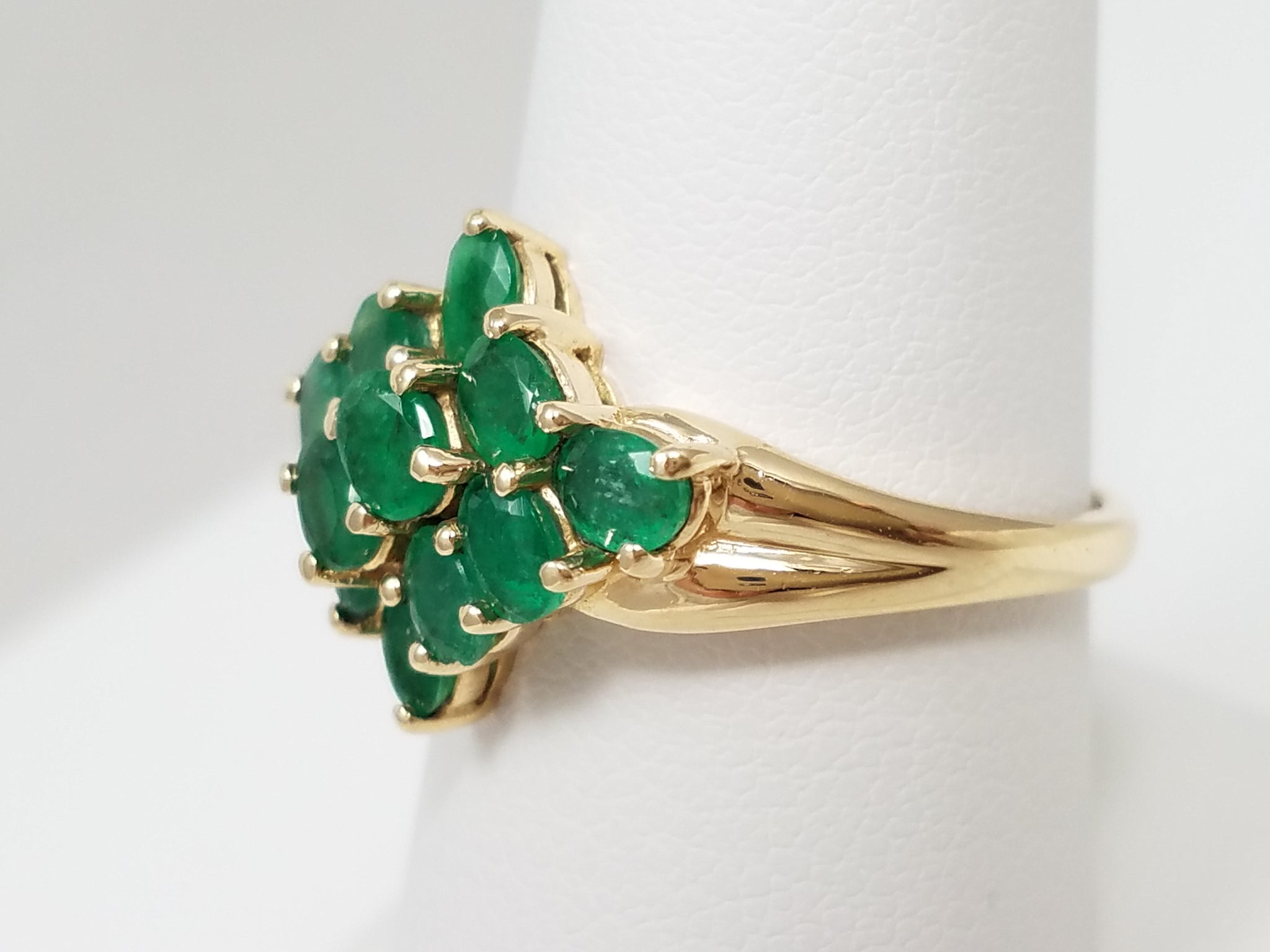Attractive 14k Yellow Gold Natural Emerald Cluster Ring