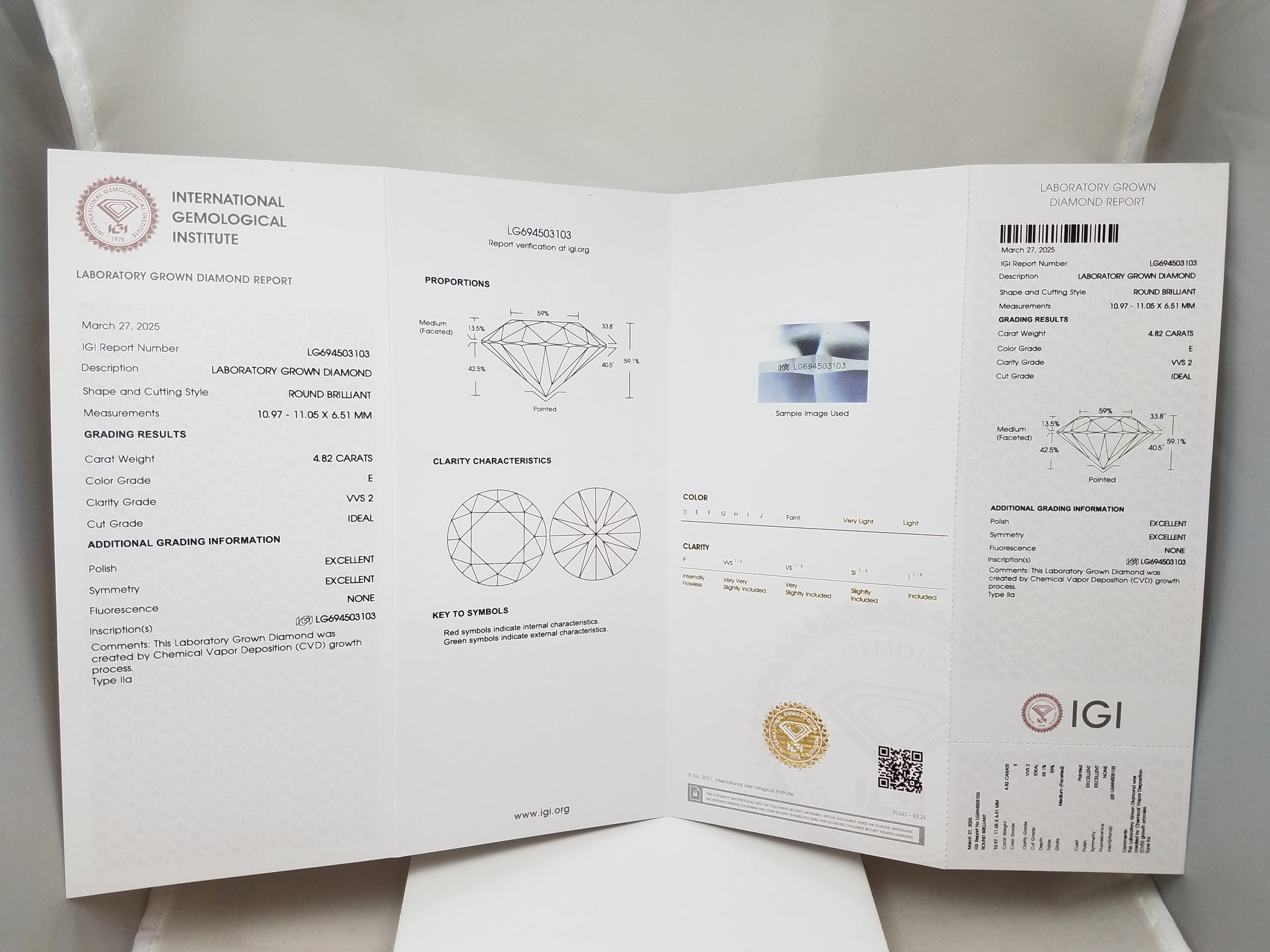 NEW IGI Certified 4.82ct Round Brilliant Lab Grown Diamond VVS2 E