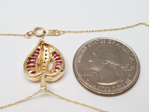 Precious 18" 10k Yellow Gold Natural Ruby Diamond Heart Pendant Necklace