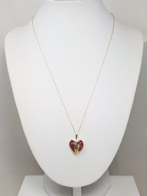Precious 18" 10k Yellow Gold Natural Ruby Diamond Heart Pendant Necklace