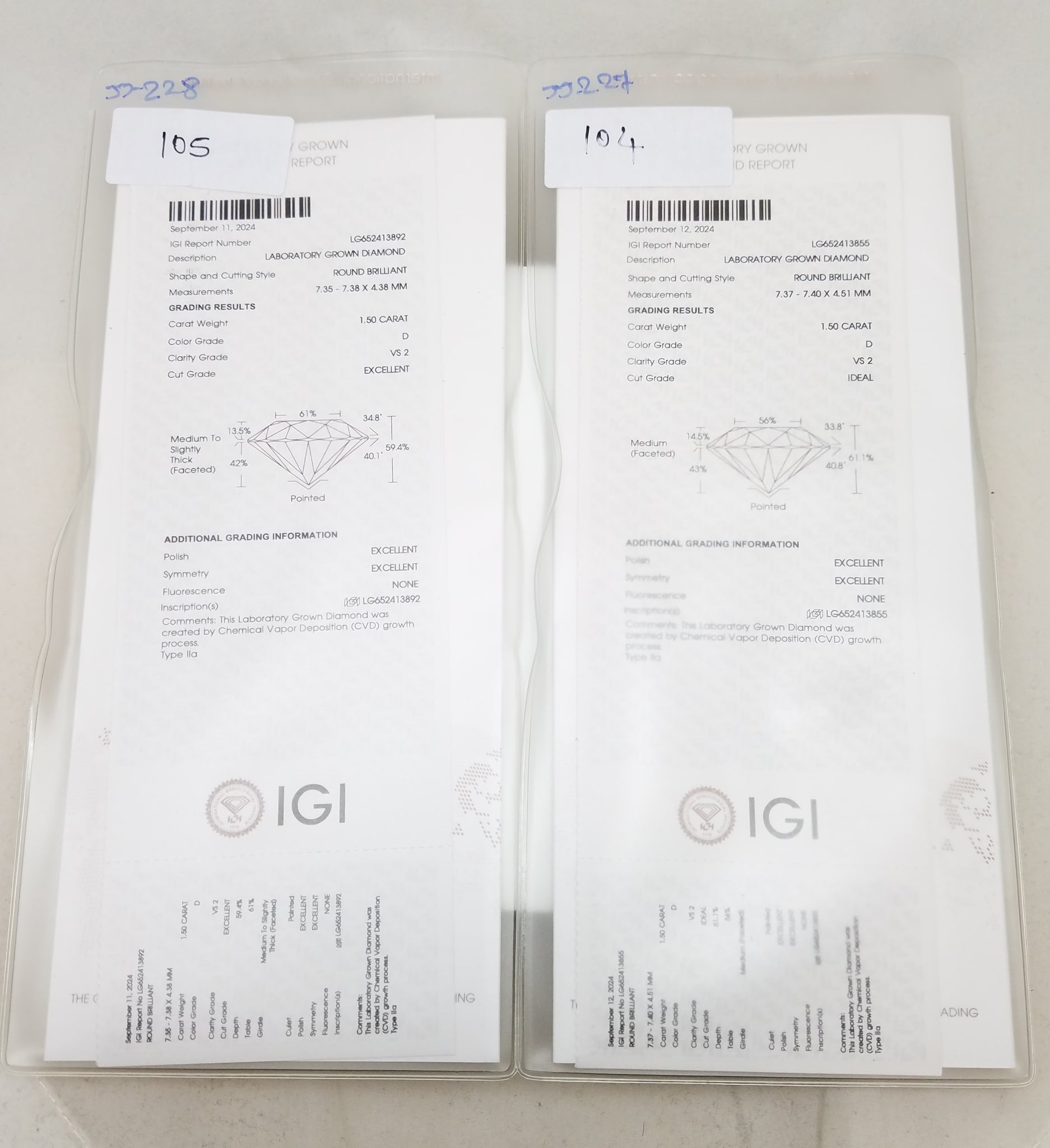 NEW IGI Certified 3ctw Round Brilliant Lab Grown Diamond 14k White Gold Stud Earrings VS2- D