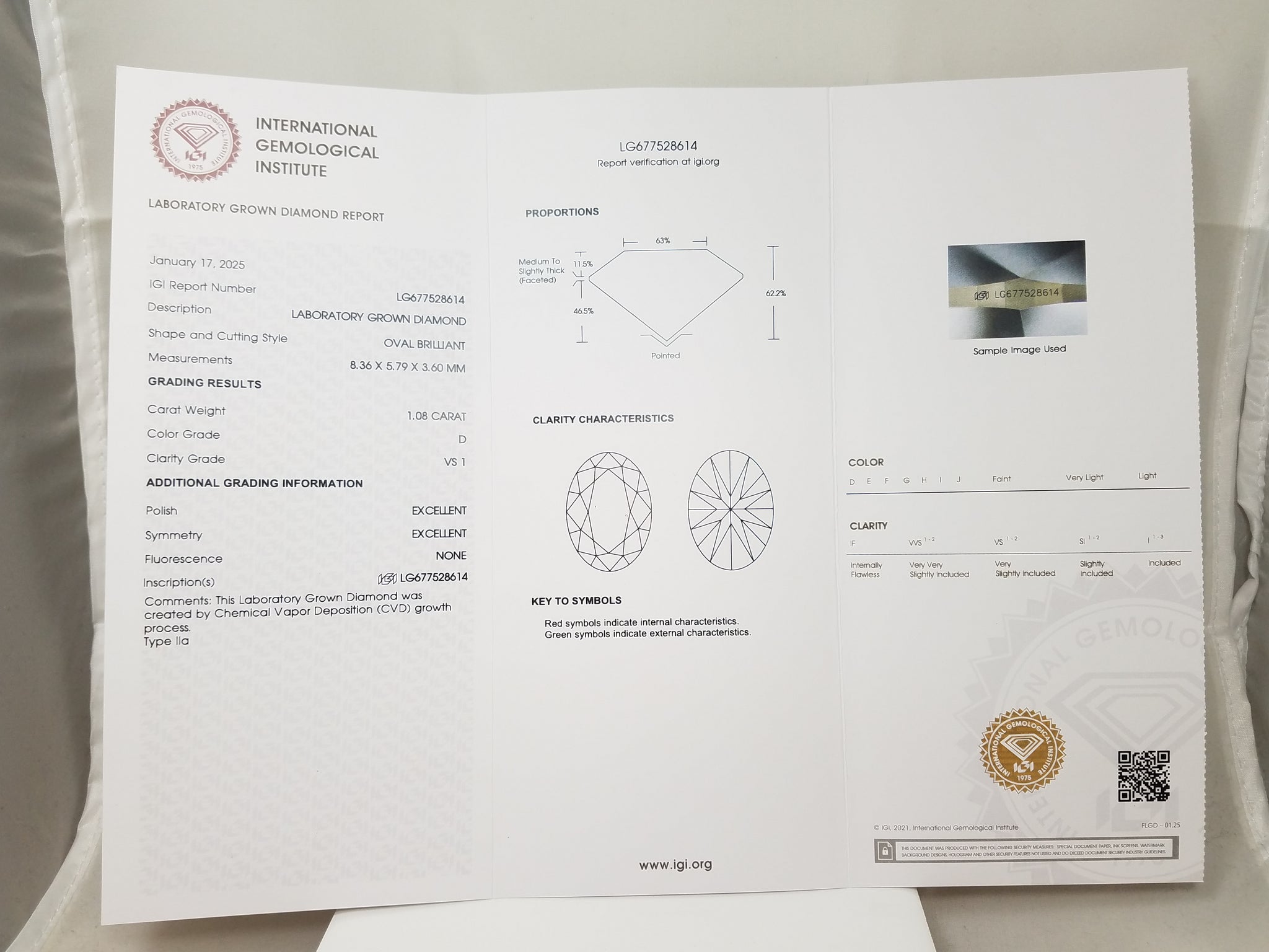 NEW IGI Certified 1.08ct Oval Shaped Lab Grown Loose Diamond VS1-D