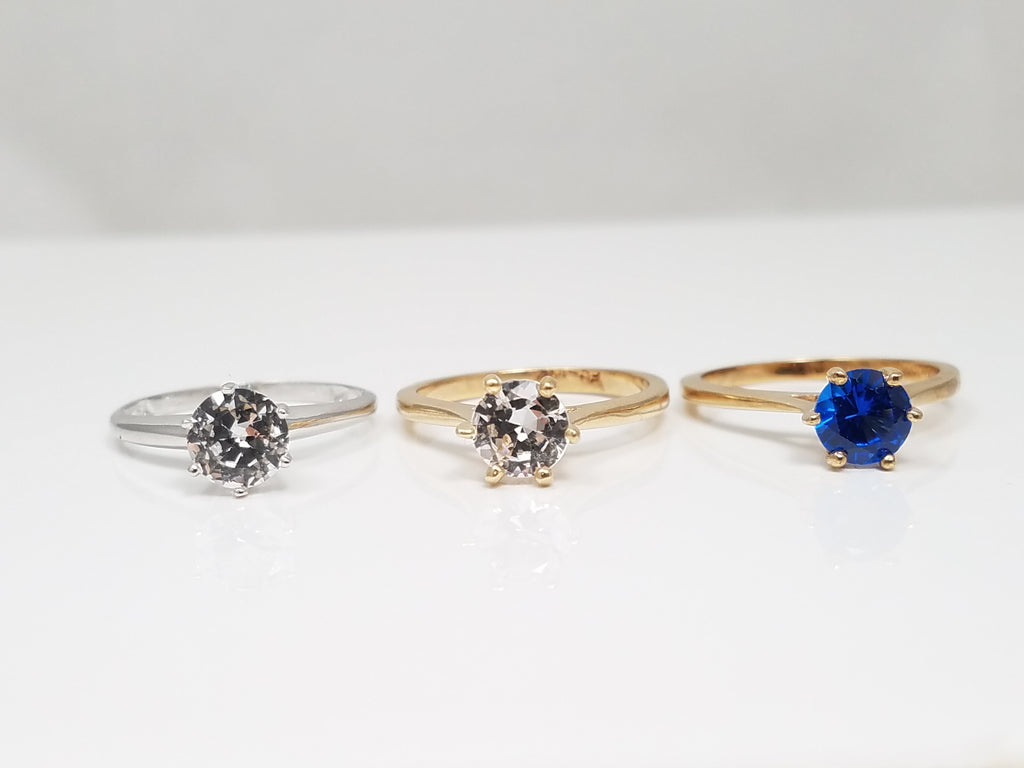 Three 1970's New Old Stock 10k Gold Synthetic Gemstone Solitaire Ring Lot