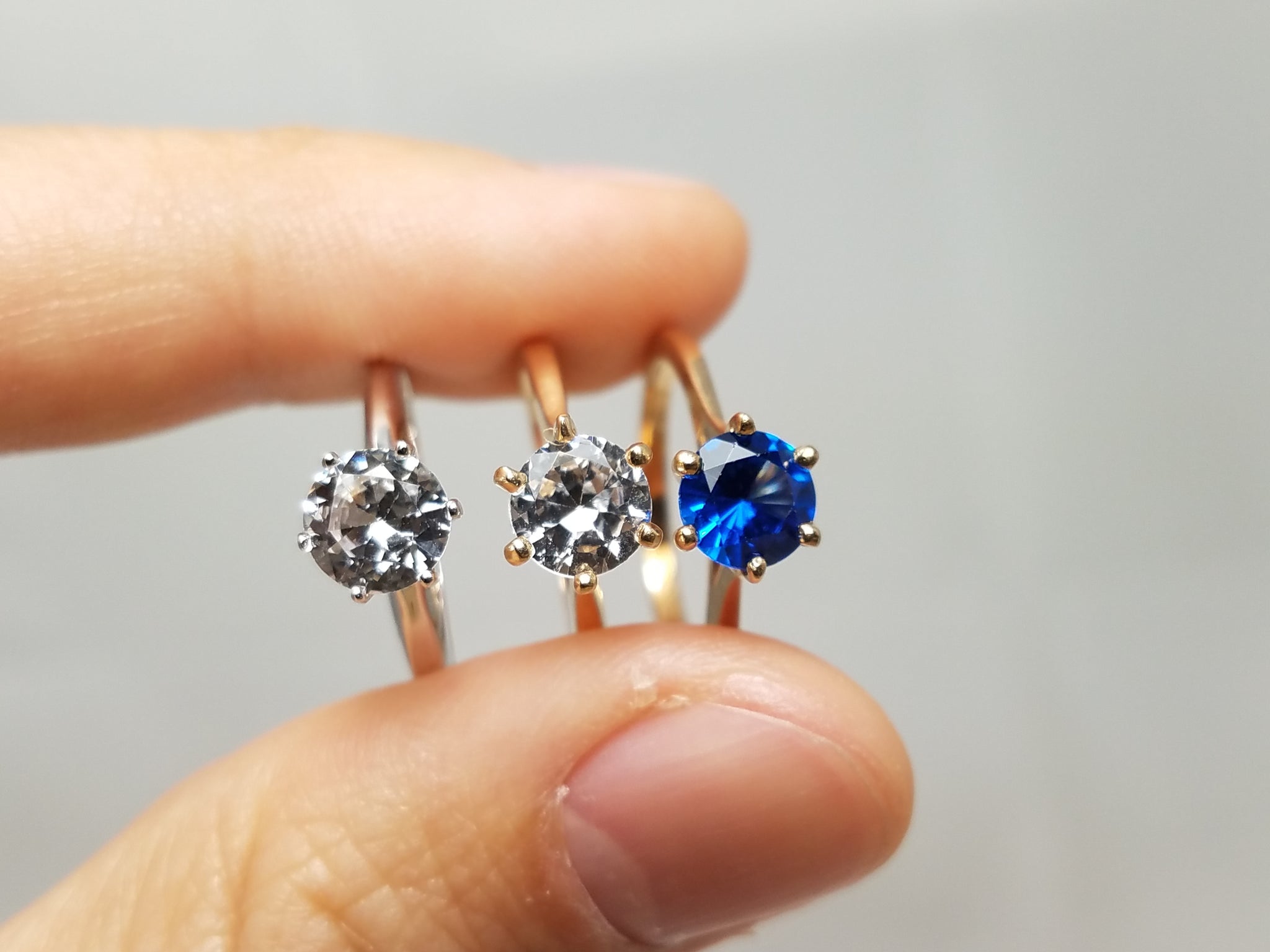 Three 1970's New Old Stock 10k Gold Synthetic Gemstone Solitaire Ring Lot